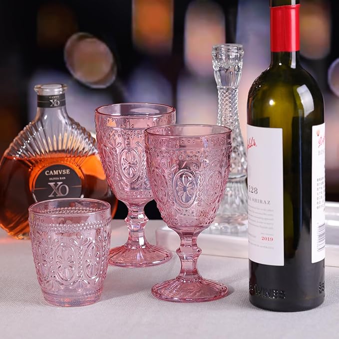 abrwyy 4Pcs Pink Glassware, Drinking Beverage Glass Cup, Vintage Drinking Glasses, Colored Glassware Set for Party Wedding Home Office Gift