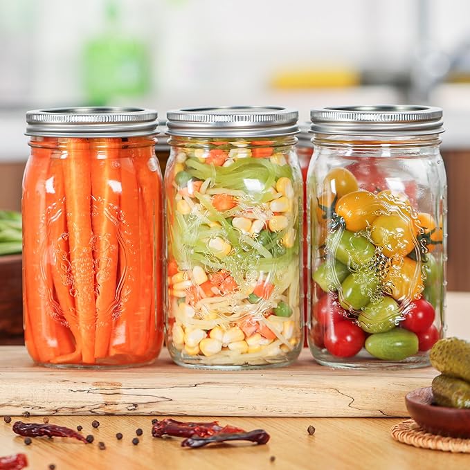 Esrentle Mason Jars 32 oz Wide Mouth - 12 Pack Quart Glass Mason Jars with Airtight Lids and Bands for Canning, Pickling, Food Storage, Fermenting, Leak Proof, Reusable