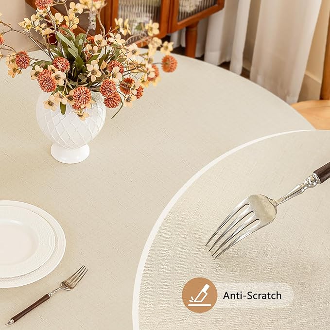 Fabric Beige 60 Inch Round Table Cloth, Faux Linen Textured Water Resistant & Wipeable Circle Tablecloth, Anti-Scratch for Dinning Kitchen Patio