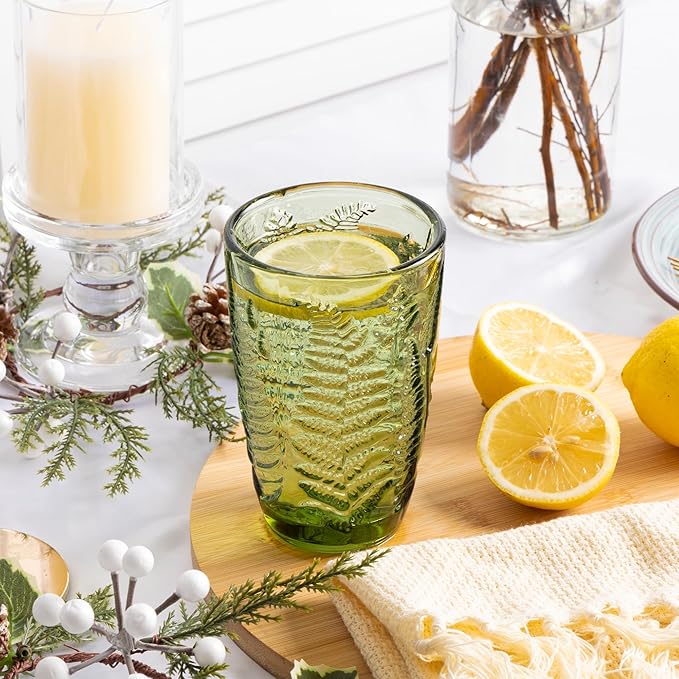 Fashionstorm Green Drinking Glasses Set of 6, Green Fern Glasses Cups 12 oz, Vintage Glassware Colored Glass Cups for Beverages Cocktail Juice Wine, Drinkware Gift Set Housewarming Gift