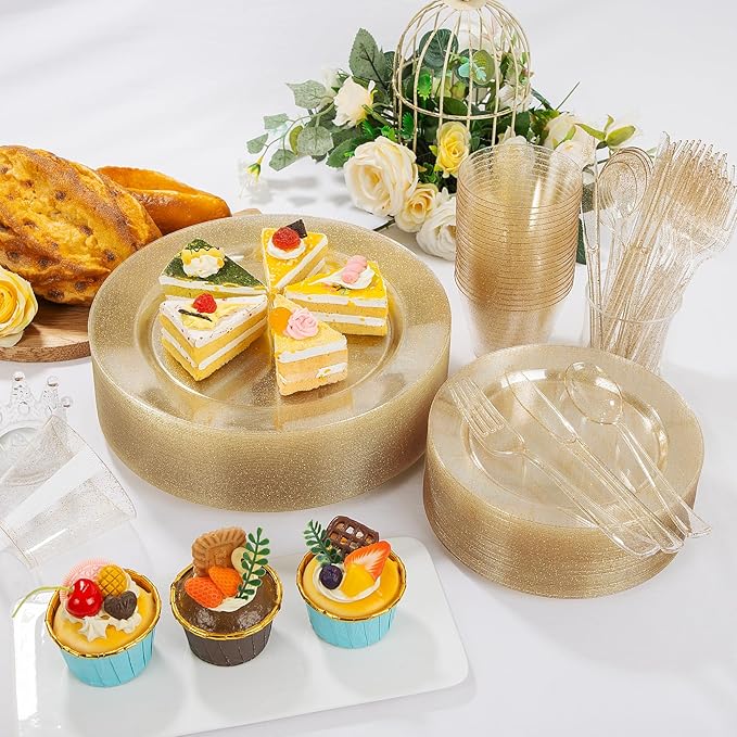 WELLIFE 300 PCS Gold Glitter Dinnerware Set for 50 Guests, Disposable Plastic Plates for Party, 50 Dinner Plates, 50 Salad Plates, 50 Cups Forks Knives Spoons for Wedding and Party Supplies