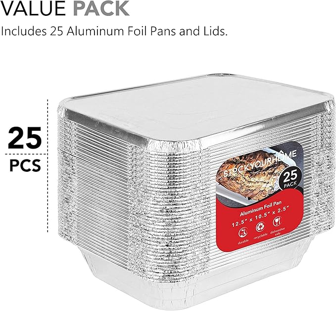 Stock Your Home Disposable Aluminum Pans with Lids 9x13 (25 Pans and 25 Lids), Food Containers for Baking, Cooking, Heating, Storing and Prepping