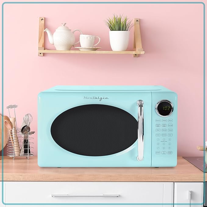 Nostalgia Retro Microwave Oven - 0.7 Cu Ft, 700-Watt Countertop Size with Glass Turntable, Child Safety Lock, 8 Auto-Cook Programs, Digital Clock - Aqua