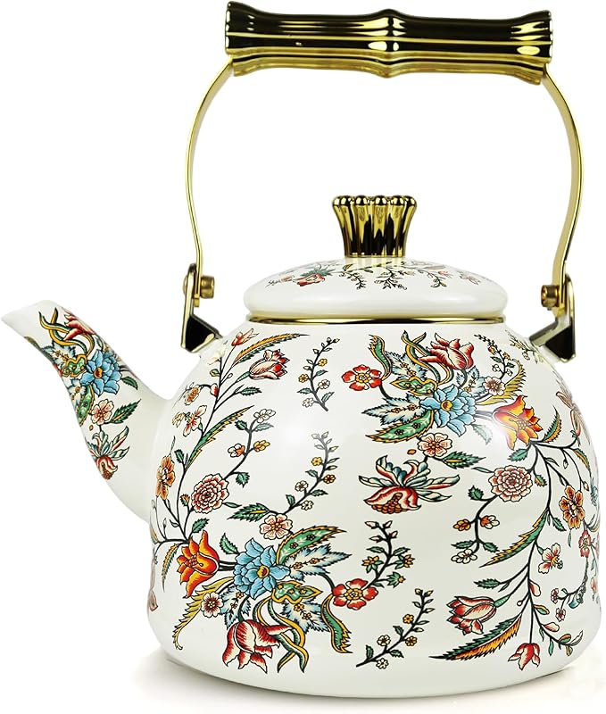 Vintage Enamel Tea Kettle, Colorful Floral Pattern Stovetop Teapot with Gold Handle, 2.5L Enamel Kettle Kitchen Decor, Ideal Gift for Housewarming Camping Coffee Pot