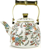 Vintage Enamel Tea Kettle, Colorful Floral Pattern Stovetop Teapot with Gold Handle, 2.5L Enamel Kettle Kitchen Decor, Ideal Gift for Housewarming Camping Coffee Pot