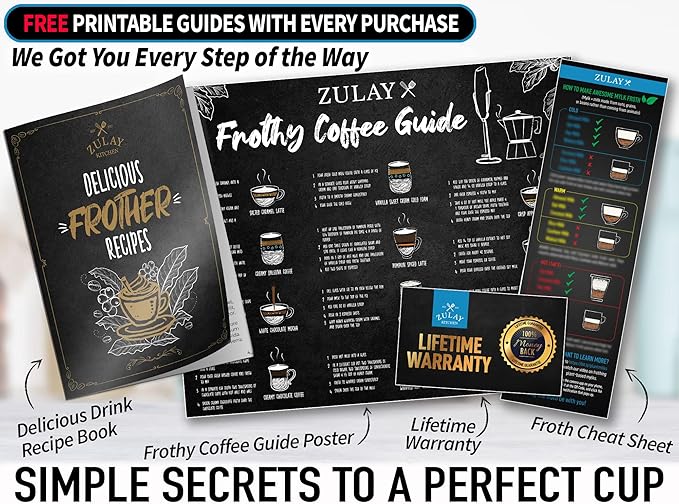 Zulay Premium Gift Milk Frother Set – Handheld Coffee Frother with Stand, 12oz/350ml Frothing Pitcher + 4 Latte Art Stencils – 13,000 RPM Motor, SS Whisk, Battery Operated – Barista Kit (OG Black)