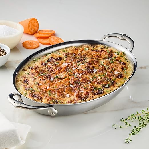 Hestan Provisions Oval Au Gratin Baking Dish, 2 Quart Clad Stainless Steel, 12.5 x 9 Inch - Oven Safe 600F, Kitchen to Table Serving, Designed with Thomas Keller