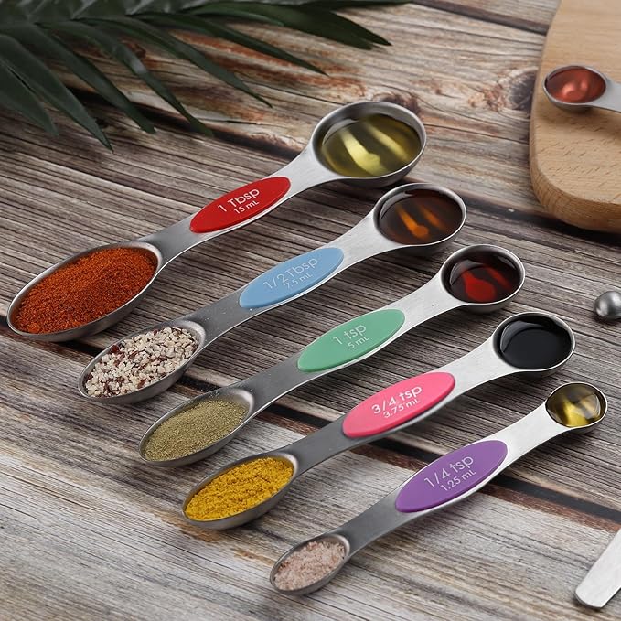 Magnetic Measuring Spoons Set Stainless Steel Dual Sided Stackable Teaspoon Tablespoon Nesting Measuring Spoon for Measuring Dry and Liquid Ingredients Color