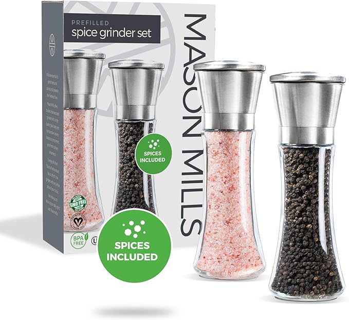 Prefilled Stainless Steel Salt and Pepper Grinder Two Piece Set - Includes Himalayan Salt and Quality Black Pepper - Glass and Stainless Steel Mill - Large Capacity Shakers - Top Loading By Mason Mil
