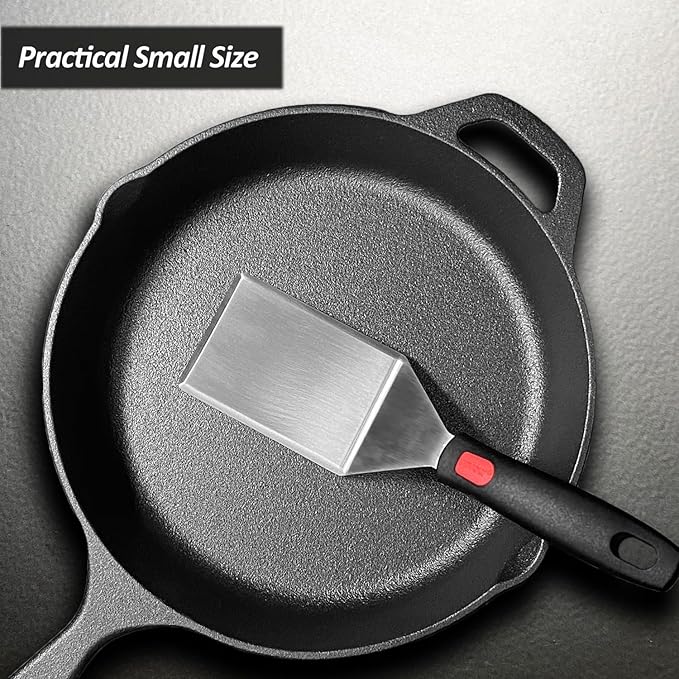 Small Spatula for Cast Iron Skillets, Full Tang silicone Handle, Heat Resistant, Commercial Grade Heavy Duty Turner, Press Burger Spatula Turner for Flipper, Cooking, Serving, 2.7" Wide