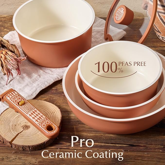CAROTE 21-Piece Ceramic Cookware Set, Nonstick Pots and Pans Set with Detachable Handle, Non-Toxic Kitchen Cooking Set, Induction Compatible, Dishwasher & Oven Safe, Terracotta