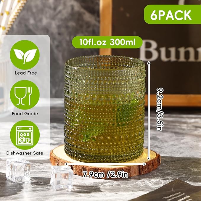 Moretoes Cocktail Glasses 10 oz Hobnail Drinking Glasses Set of 6, Vintage Glassware, Textured Glass Cups Bubble Glasses Water Glasses Old Fashion Jupiter Glasses Set (Green)