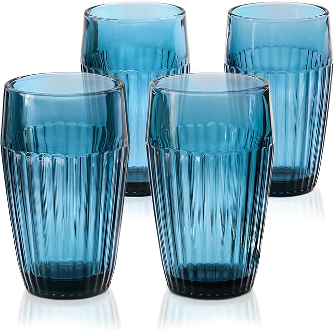 Blue Drinking Glasses Set of 4, 14 oz Ribbed Textured Glass Tumblers, Tall Retro Colored Drinkware for Water & Cocktails, Decorative Highball Glasses for Home & Bar, Modern Vintage Glassware Gift Set