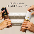 Wooden Salt and Pepper Grinder Set – Refillable Manual Salt and Pepper Mills with Adjustable Ceramic Burrs, Gold Detailing, and Wood Stand – White, Black and Acacia