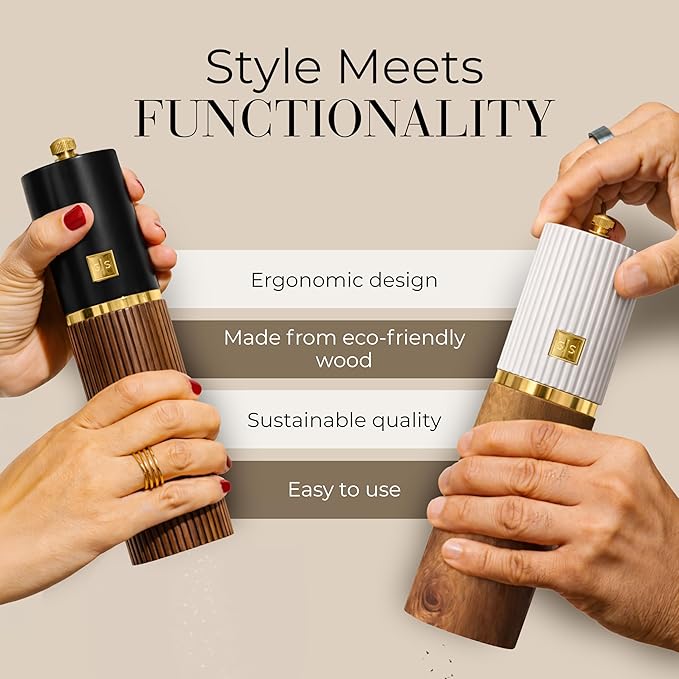 Wooden Salt and Pepper Grinder Set – Refillable Manual Salt and Pepper Mills with Adjustable Ceramic Burrs, Gold Detailing, and Wood Stand – White, Black and Acacia
