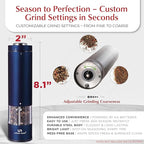 Electric Salt and Pepper Grinder Set - Battery Operated Stainless Steel Mill with Light (2 Mills) - Automatic One Handed Operation - Electronic Adjustable Shakers - Ceramic Grinders Blue