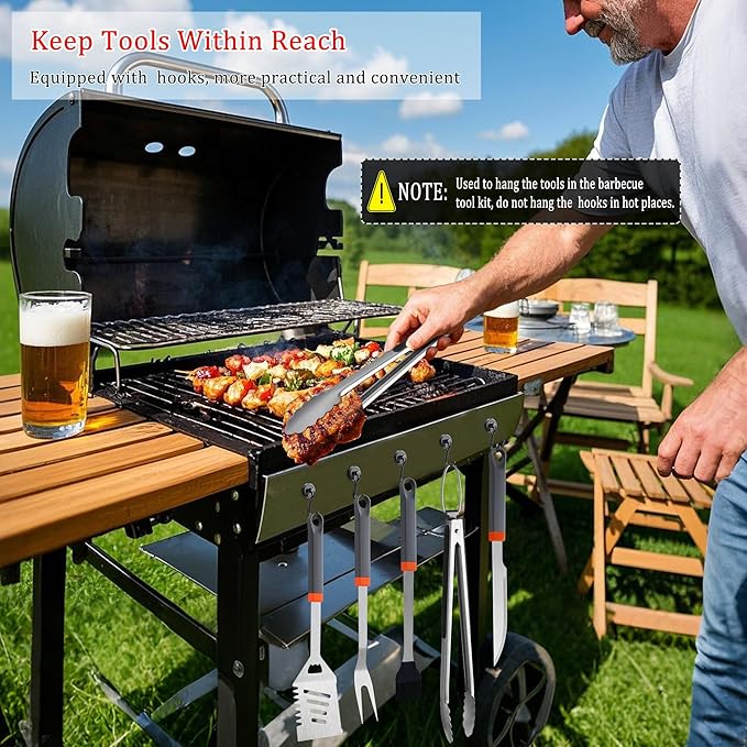 11-Piece Grill Tools Set, BBQ Grilling Accessories with Tongs & Spatua, Stainless Steel Portable Grill Tools Kit with Hooks & Apron Storage Bag for Camping, Grilling Gifts for Men Dad