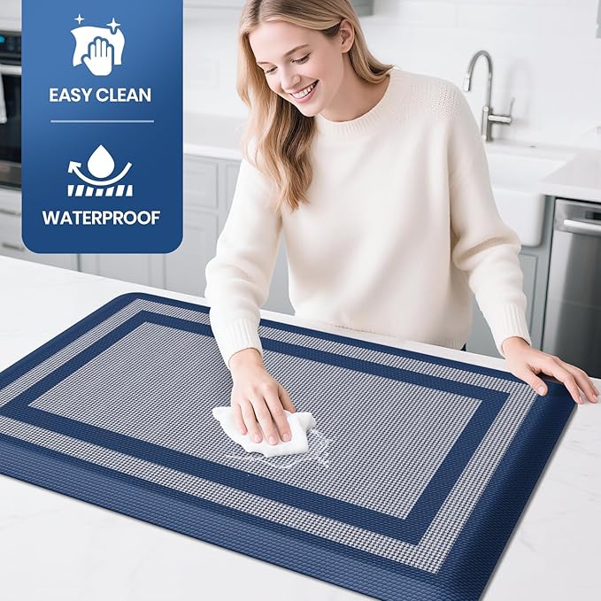 KitchenClouds [2 PCS Kitchen Rugs Cushioned Anti-Fatigue Kitchen Mats for Floor Waterproof Kitchen Rug Set Non-Slip Comfort Standing Mat for Office, Sink, Laundry 20"×30"+20"×60",Blue