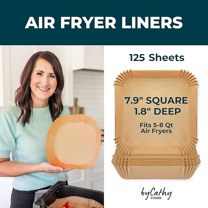 Cathy Yoder's AirFryer Paper Liners, 125 PCS 8-inch Square Air Fryer Liners Disposable, Premium, Food-Grade Easy Cleanup Air Fryer Parchment Paper Sheets, Airfryer Liner for 5-8QT, Baking & Roasting
