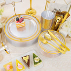 WELLIFE 450 PCS Clear Gold Disposable Dinnerware Set for 75 Guests, Clear and Gold Plastic Plates for Party, 75 Dinner & Salad Plates, Cups, Spoons Forks Knives for Wedding and Party Anniversary
