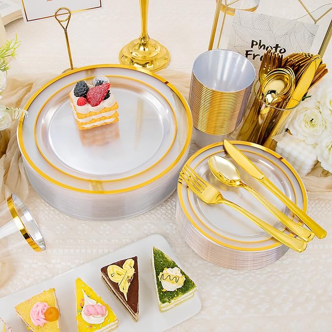 WELLIFE 450 PCS Clear Gold Disposable Dinnerware Set for 75 Guests, Clear and Gold Plastic Plates for Party, 75 Dinner & Salad Plates, Cups, Spoons Forks Knives for Wedding and Party Anniversary