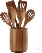 Elama 7 Piece Acacia Wood Kitchen Cooking Utensil Set and Rotating Kitchen Utensil Crock, Cooking Tools, Kitchen Utensils, Countertop Storage (7 Piece Slotted)