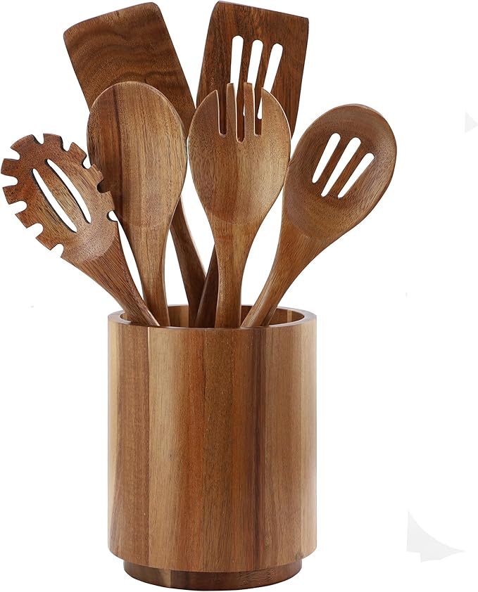 Elama 7 Piece Acacia Wood Kitchen Cooking Utensil Set and Rotating Kitchen Utensil Crock, Cooking Tools, Kitchen Utensils, Countertop Storage (7 Piece Slotted)