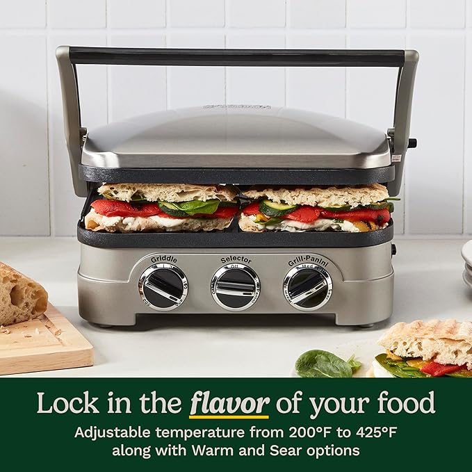 Cuisinart Griddler Indoor Grill, Panini Press, Sandwich Maker & More, 5-in-1 Grilling, Dishwasher-Safe Nonstick Cooking Plates, GR-4NNAS, Stainless Steel