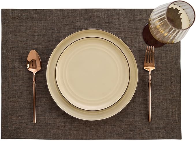 Solino Home Linen Placemats Set of 4-100% Pure Linen Chambray Brown Cloth Placemats 14 x 19 Inch - Athena