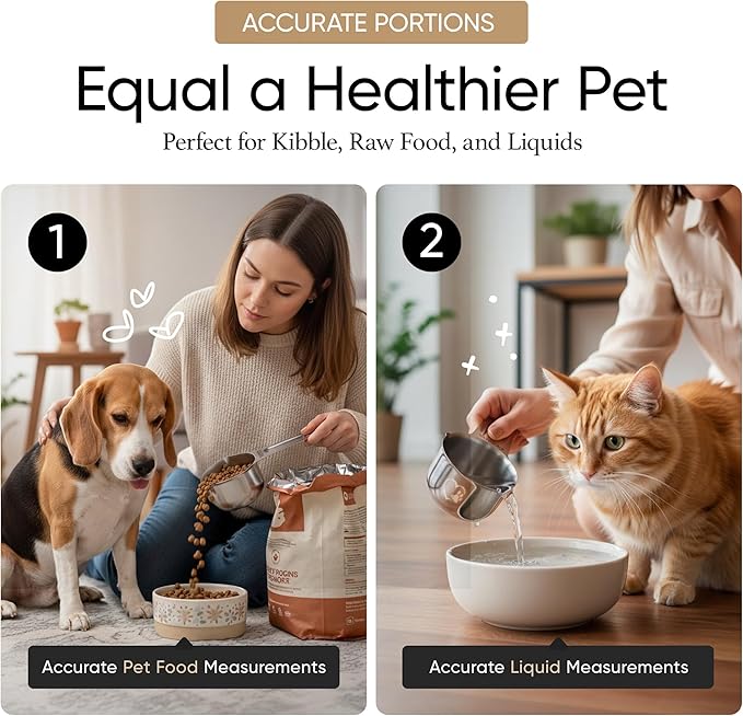 Color Up 2 Scoop (2 Cup / 480 ml) Stainless Steel Pet Food Measuring Scoop for Dogs, Cats, Rabbits & Birds – Dual Pour Spouts, Ergonomic Handle, Dishwasher Safe