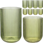 Set of 8 Ribbed Glassware,4 Highball Glasses 14oz & 4 Rocks Drinking Glasses 9oz, Green, Origami Style, Fluted Design, for Milk, Water, Cocktail, Juice, Beer, ToothBrush Cup, Gift