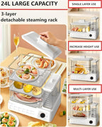 Zuhuachi 24L Electric Steamer, Three-Layer Food Steamer, Stainless Steel Steamer With Detachable Water Tank, 800w Large Capacity Breakfast Machine With Timer, Suitable For Families And Gatherings