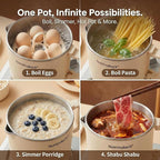 Electric Hot Pot, 0.8L Mini Portable Ramen Cooker for Shabu Shabu, Soup, Oatmeal. Rapid Heating Electric Pot for Dorm Room & Quick Meals. Dual Power Control, Stainless Steel Interior.