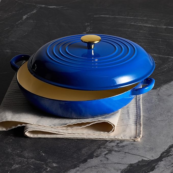 CAROTE 3.4QT Enameled Cast Iron Braiser Pan, Shallow Dutch Oven Casserole Skillets, Non-Toxic Cast Iron Pot with Lid for Grilling, Searing, Baking, Dual Handles, All Stovetop Compatible, Blue