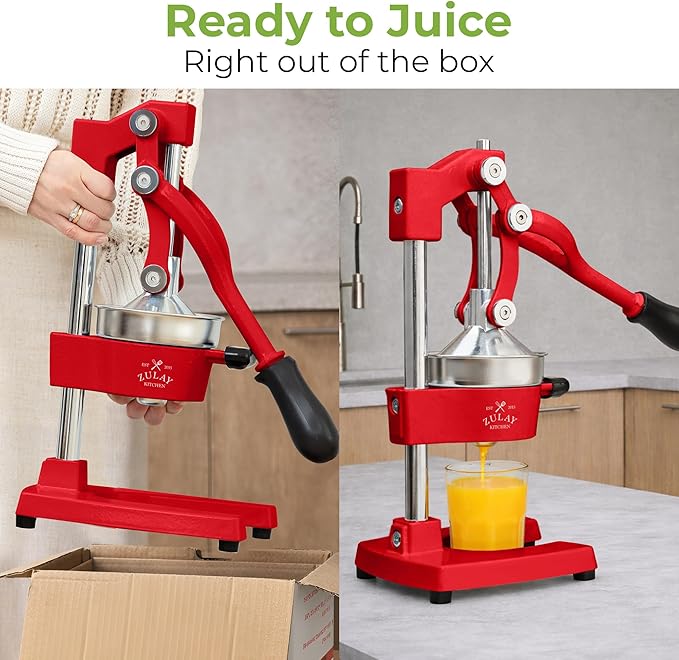 Zulay Kitchen Cast Iron Juicer - Easy-to-Clean Heavy-Duty Manual Juicer, Professional Citrus Juicer - Stainless Steel Lemon Squeezer - Manual Citrus Press & Orange Squeezer - Orange Juicer (Red)