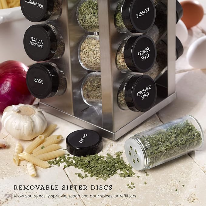Kamenstein 20 Jar Heritage Revolving Spice Rack with Spices Included, Brushed Stainless Steel Rotating Countertop Organizer with Free Refills for 5 Years