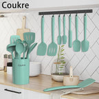 Coukre Silicone Kitchen Cooking Utensils Set with Holder – Heat-Resistant, Food-Grade Kitchen Tools, Spatula, Spoon & Gadgets for Non-Stick Pans, Dishwasher Safe (14, PureAquaGreen)