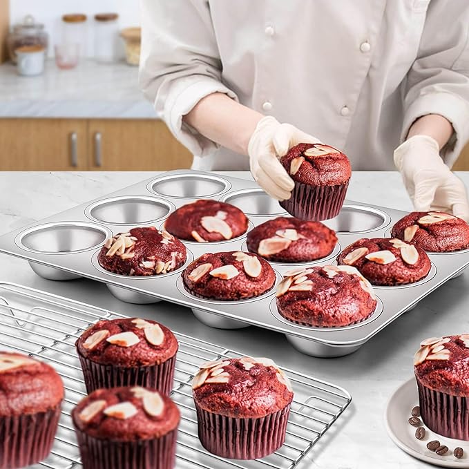 Homikit 1 Pack Muffin Pan, Stainless Steel Cupcake Tin with 12 Cups Regular Size, 13.8" x 10.4" Nonstick Metal Egg Bites Tray for Oven Baking, Non Toxic & Rust Free, Easy Release & Dishwasher Safe
