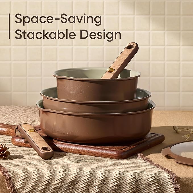 CAROTE Ceramic Cookware Set, Pots and Pans Set Non Stick with Detachable Handle, RV Kitchen Cooking Set, Induction & Oven Safe, PFAS and PFOA Free, Pistachio Green 19 Pcs