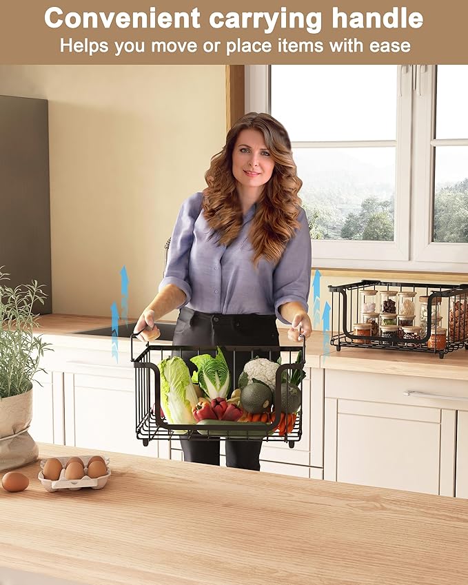 UMDONX 4 Pack Stackable Wire Baskets Storage Bins for Fruits, Vegetables, Potatoes & Onions | Pantry, Countertop, Laundry Organizer | Heavy Duty & Space Saving Black