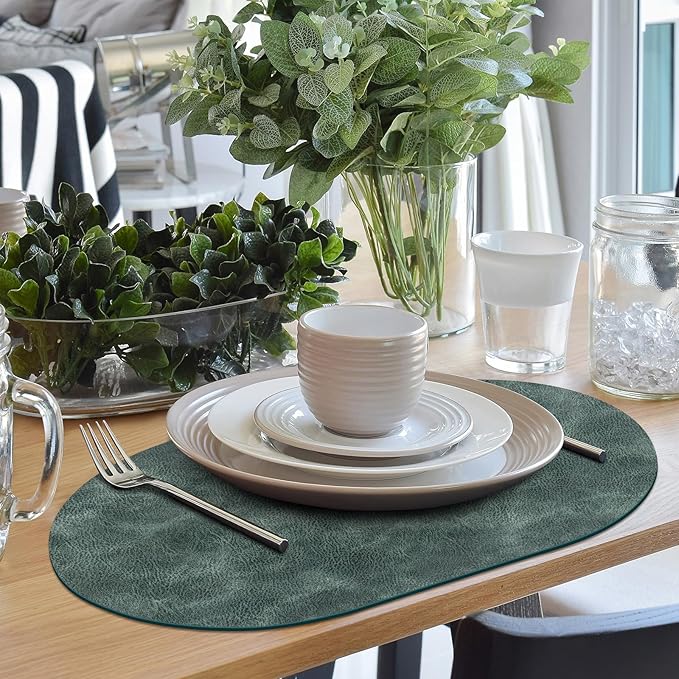 ADRIMER Placemats, Heat Resistant Oval Placemats Set of 8 Washable 12 x 17 Inch, Waterproof Table Mats, Wipeable Pu Place Mats for Kitchen, Dining Room, Blue & Green