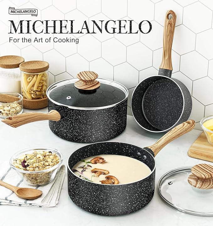 MICHELANGELO Saucepan Set, Nonstick Sauce Pans with Granite Coatings, Stone Sauce Pan with Lids, Non Stick Pot Sets, Sauce Pots 3 Piece, 1Qt, 2Qt & 3Qt