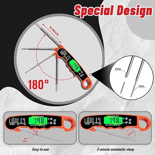 Meat Thermometer Digital, IP67 Waterproof Food Thermometer for Cooking and Baking, Instant Read Meat Thermometer with Backlight, Hold Function & Magnet for Kitchen, Beef, Grill, BBQ, Candy, Turkey