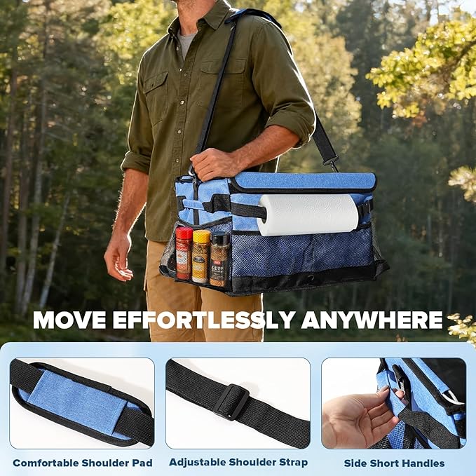 Grill Caddy, Blue Oxford BBQ Caddy with Paper Towel Holder & Lid, Collapsible Tailgating Accessories Basket, Portable griddle Bag Organizer for Outdoor Grilling, Picnic, Camping, Fishing, RV
