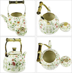 Vintage Enamel Tea Kettle, Fragrant Flowers Pattern Stovetop Teapot with Gold Handle, 2.5L Enamel Kettle Kitchen Decor, Ideal Gift for Housewarming Camping Coffee Pot
