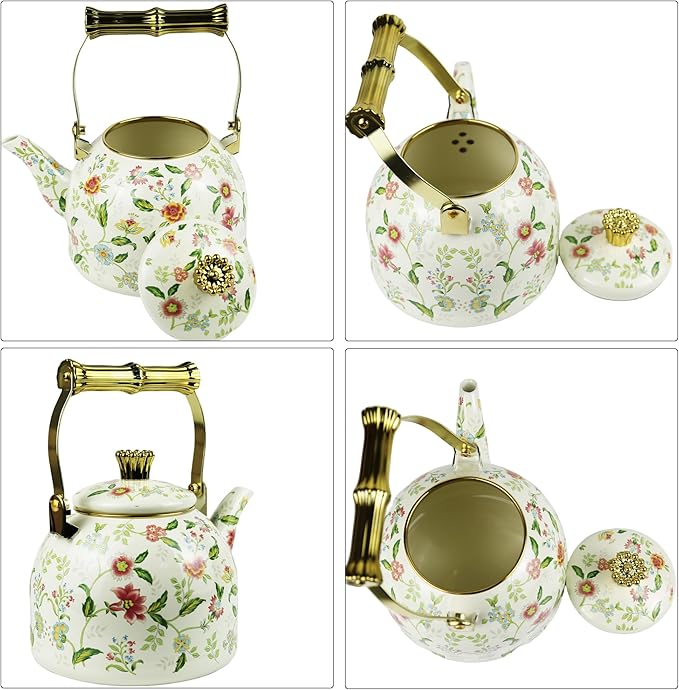 Vintage Enamel Tea Kettle, Fragrant Flowers Pattern Stovetop Teapot with Gold Handle, 2.5L Enamel Kettle Kitchen Decor, Ideal Gift for Housewarming Camping Coffee Pot