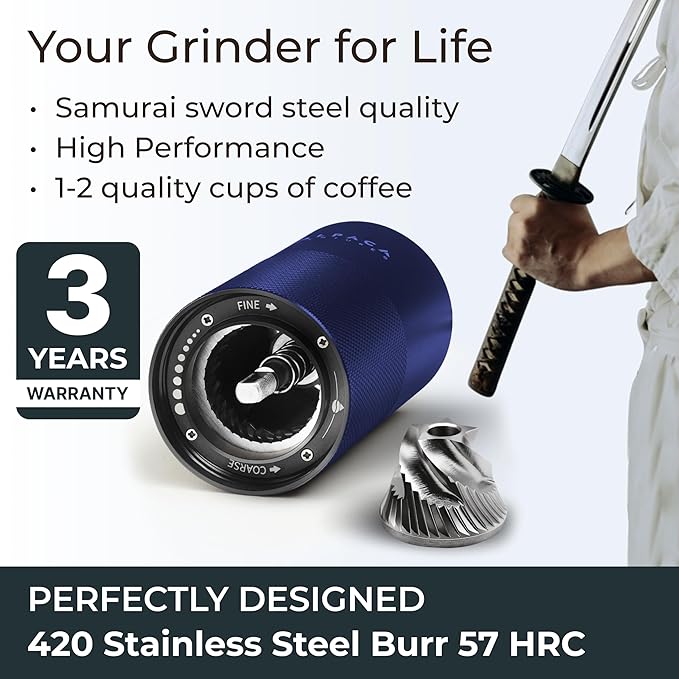 Premium Manual Coffee Grinder for Espresso, Pour Over & French Press with Stainless Steel Conical Burr, Precision Adjustable Hand Grinder, Compact Travel Size - by Alpaca Ventures