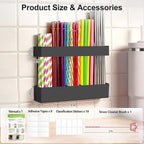 9.5” Large Acrylic Straw Holder for Cabinet Door, Reusable Adjustable Two-Part Straws Organizer with Ultra Sticky Adhesive Strips, 2026 Straw Storage for Kitchen Cupboard (Black)