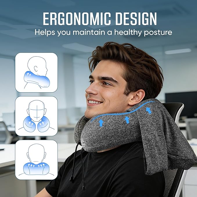 Travel Pillow with Extra Large Hood for Airplane Long Flights Privacy and Comfort Memory Foam with Skin-Friendly Cover for Road Trip Head&Neck Support for Plane Office Cars Sleeping & Rest (Grey)