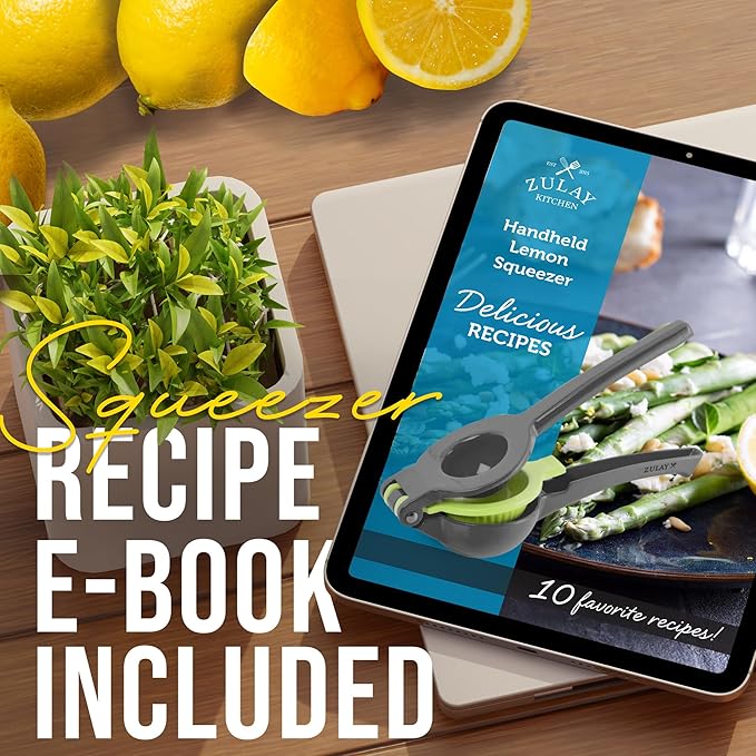 Zulay Kitchen Metal 2-in-1 Lemon Squeezer - Sturdy Max Extraction Hand Juicer Lemon Squeezer Gets Every Last Drop - Easy to Clean Manual Citrus Juicer - Easy-Use Lemon Juicer Squeezer - Gray/Lime
